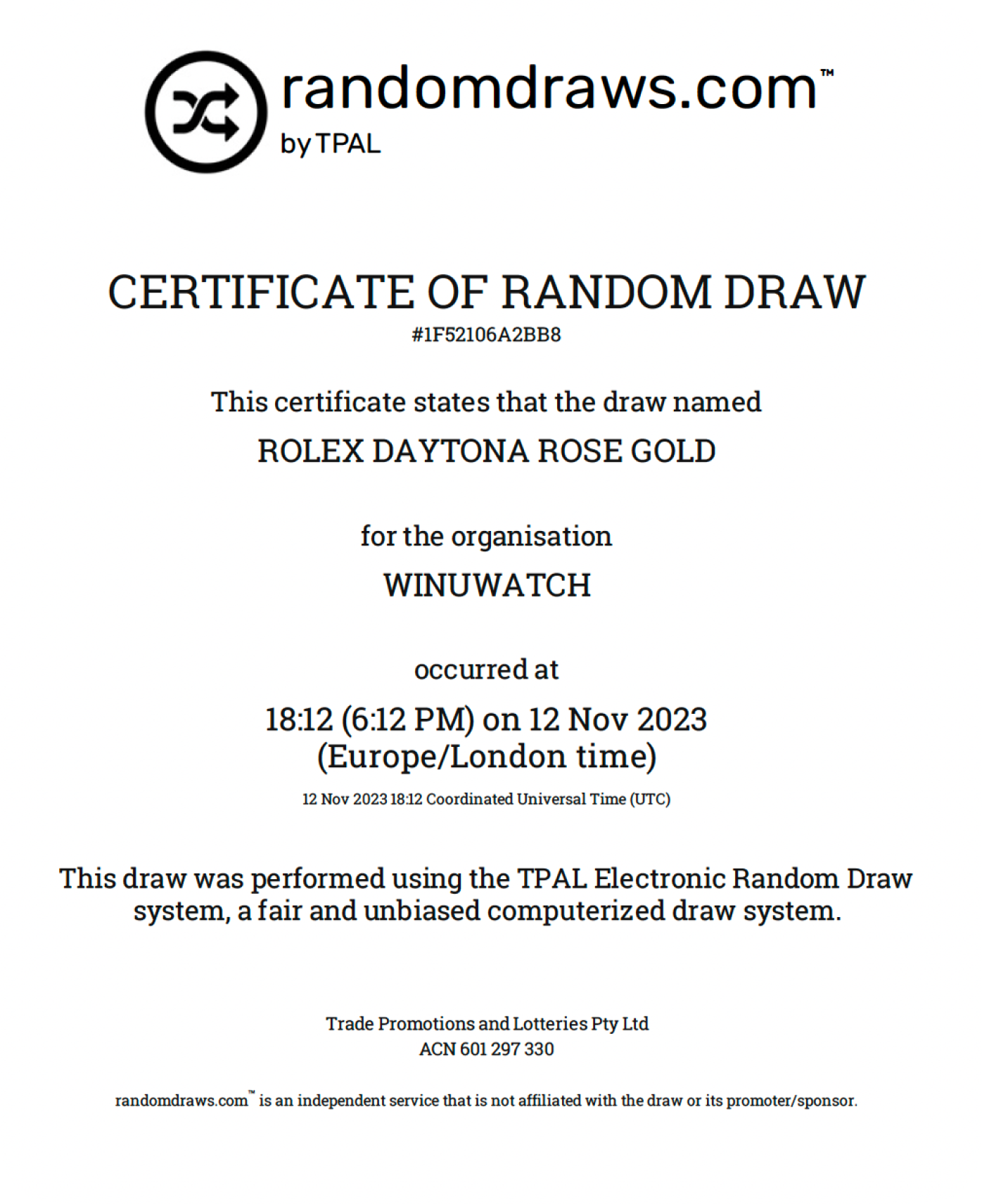 randomdraws certificate